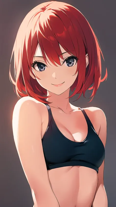 solo, 1girl,  simple background, light smile, ((middle breasts)), middle hair, red hair,  short hair, straight hair,