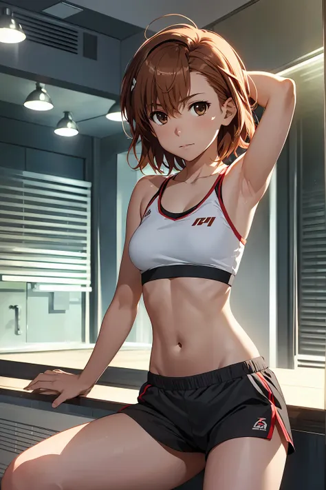 (Highest quality:1.5, High resolution, uhd, 4K, Detailed lighting, Shaders), NSFW Misaka Mikoto,short hair　Brown Hair　Brown eyes　Cool face　　Black shorts　Sports bra with a small area　Realistic sun rays　 Beautiful park　Beautiful Armpits