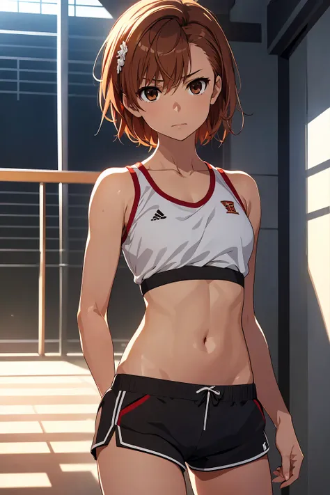 (Highest quality:1.5, High resolution, uhd, 4K, Detailed lighting, Shaders), NSFW Misaka Mikoto,short hair　Brown Hair　Brown eyes　Cool face　　Black shorts　Sports bra with a small area　Realistic sun rays　 Beautiful park　Beautiful Armpits