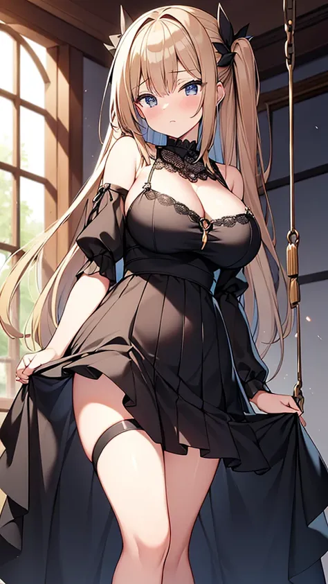 ((masterpiece)), (Highest quality、8K), (Simple style), Big Breasts, Swinging Big , Wearing a face stolen from someone else, No sleeve, Sleeveless, Off the shoulder, Black Dress, Pleated lace, Lace dress, 白タイツ. whole body, Luxurious Room, NSFW