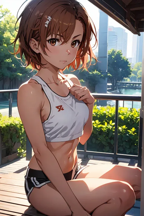 (Highest quality:1.5, High resolution, uhd, 4K, Detailed lighting, Shaders), NSFW Misaka Mikoto,short hair　Brown Hair　Brown eyes　Cool face　　Black shorts　Sports bra with a small area　Realistic sun rays　 Beautiful park　Beautiful Abs　Small breasts