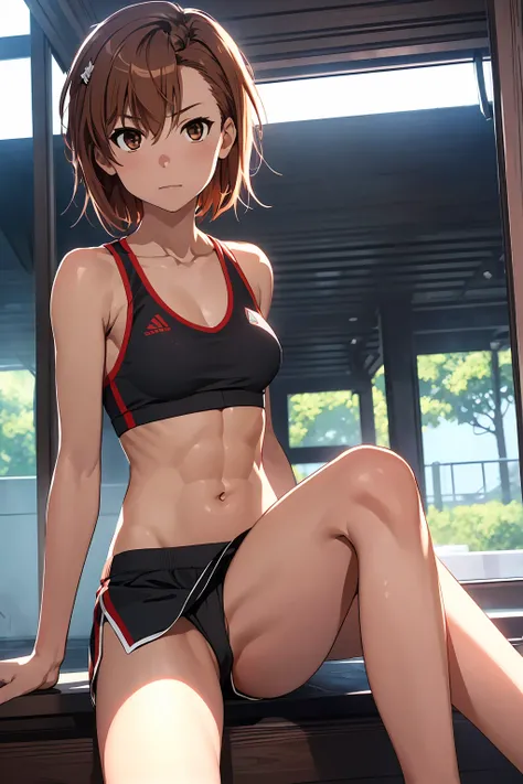 (Highest quality:1.5, High resolution, uhd, 4K, Detailed lighting, Shaders), NSFW Misaka Mikoto,short hair　Brown Hair　Brown eyes　Cool face　　Black shorts　Sports bra with a small area　Realistic sun rays　 Beautiful park　Beautiful Abs　Small breasts