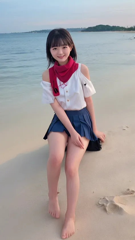 ((masterpiece:1.27、Every detail counts))At the beach dyed in the sunset、Cute Japanese  playing in the water by herself。She has straight black hair down to her shoulders、The bangs are cut straight above the eyebrows。She is wearing a traditional Japanese uni...