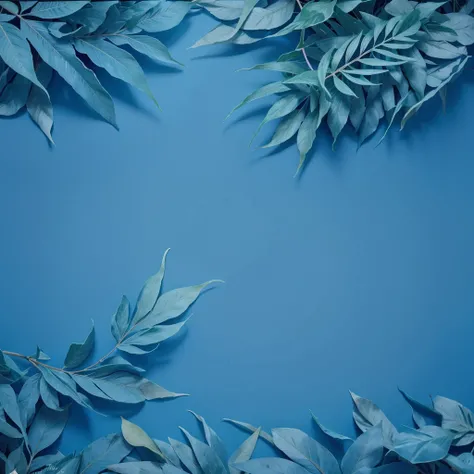 Create an image with tropical leaves in blue tones. The background and the leaves must have the same color, creating a harmonious and abstract composition. Leaves can vary in shape and size to add depth. The goal is to achieve a cool and relaxing effect..”