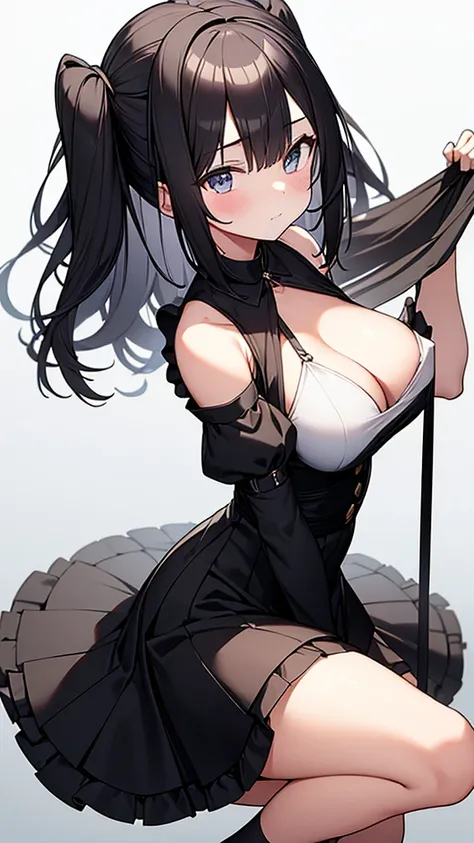 ((masterpiece)), (Highest quality、8K), (Simple style), 2人の女の子, Big Breasts, Swinging Big , Wearing a face stolen from someone else, No sleeve, Sleeveless, Off the shoulder, Black Dress, Pleated lace, Lace dress, White knee socks. whole body, Luxurious Room...