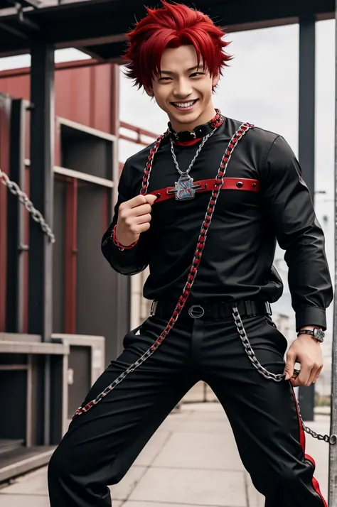 chico anime my hero academia, red hair with black highlights, Red eyes, suit with black t-shirt, chain harness, pants with chains, smiling