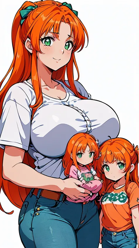 1woman,2little girls,(holding little girl:1.4),portrait、perfect quality, good quality, masterpiece, HDR, uhd,(fukawa_Miku, green eyes, orange hair, long hair,hair down,aged up,mature female:1.4),((gigantic breasts:1.3)),house,、(Casual wear、shirt、Jeans I:1....