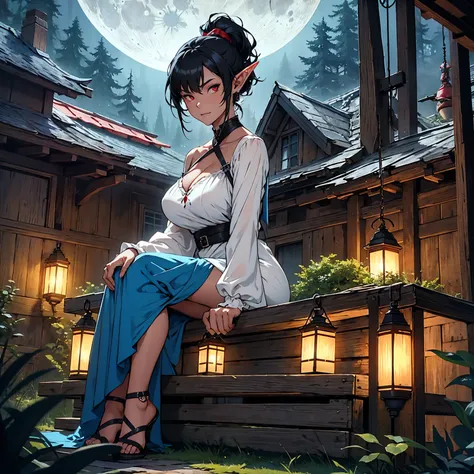 1girl, elf, short ponytail hair, black hair, big breasts, long pointed ears, red eyes (BLUE SKIN) sexy little dress, deep neckline, full body, night, Sitting in an old wooden house, moon in windows, dark forest, very sexy body, detailed clothing, detailed ...