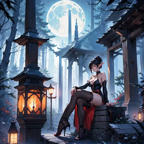 1girl, elf, short ponytail hair, black hair, big breasts, long pointed ears, red eyes (BLUE SKIN) sexy little dress, deep neckline, full body, night, Sitting in an old wooden house, moon in windows, dark forest, very sexy body, detailed clothing, detailed ...