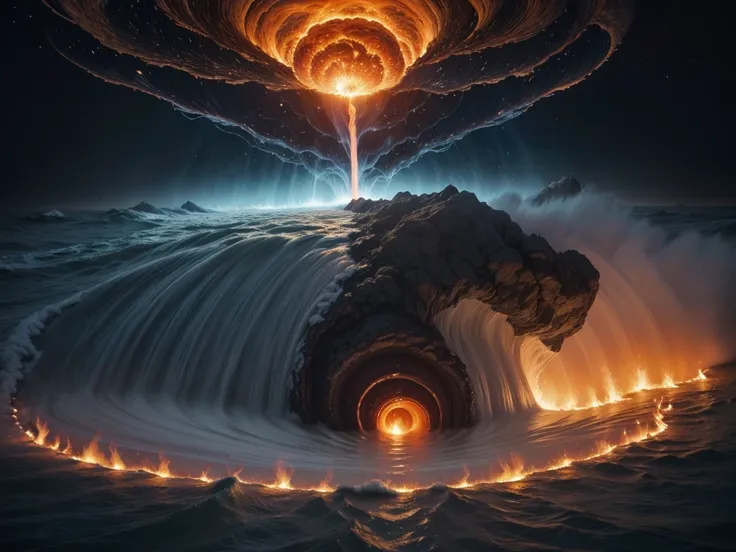 laugh in the mystical world where the elements of fire, water, Earth and air come to life with dynamic scenes where elemental magic is at play, capturing the raw power and beauty of these natural forces. shows the earth opening , fire larvae , in the cente...