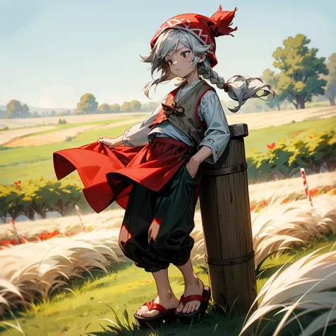 1little boy, Full body version, 1character, black eyes color, milk skin, long hairstyle, monolod eyes type, silver colour hair, Farmer villager clothing style, red color clothing, black pants, white scraf, Ancient roman sandals, vest, green Beanie, Grassro...