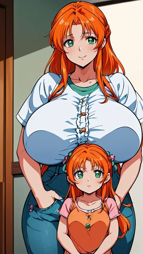 1woman,2little girls,(holding little girl:1.4),portrait、perfect quality, good quality, masterpiece, HDR, uhd,(fukawa_Miku, green eyes, orange hair, long hair,hair down,aged up,mature female:1.4),((gigantic breasts:1.3)),house,、(Casual wear、shirt、Jeans I:1....