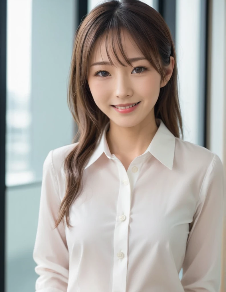 japanese woman, cute, (shy smile), realistic skin texture, (thin button-up shirt), office suit, in the office