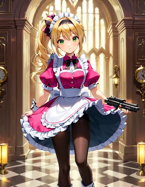 (best quality,4k,8k,highres,masterpiece:1.2),ultra-detailed, (1girl) A cute teenage gunslinger maid with green eyes, drawn in anime style, spiky light blonde hair in a long ponytail, victorian fashion, wearing a cute white maid dress with puffy sleeves, co...