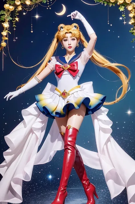 masterpiece, Highest quality, (1 Girl), Super Sailor Moon, Cowboy Lens, night sky, moonlight, night, White gloves, blue eyes, Galaxy Background, Colorful clothes, , Blue Skirt, hair ornaments, Red Bow, brooch, heart brooch, Earrings, Crescent Moon, heart n...