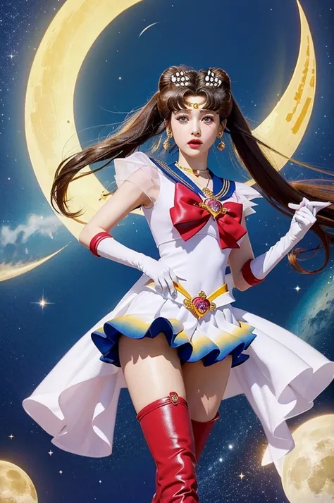 masterpiece, Highest quality, (1 Girl), Super Sailor Moon, Cowboy Lens, night sky, moonlight, night, White gloves, blue eyes, Galaxy Background, Colorful clothes, , Blue Skirt, hair ornaments, Red Bow, brooch, heart brooch, Earrings, Crescent Moon, heart n...