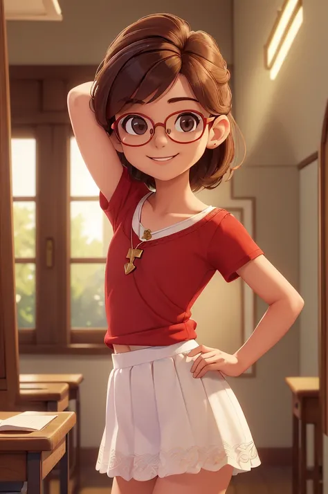 (A small chest:1.3),(Masterpiece, Best quality:1.4), (Beautiful, Aesthetic, Perfect, Delicate, Intricate:1.2),((Best quality)), ((Masterpiece)), (Detailed),(A high resolution:1.2), Classroom, An adult female, Smiling Claudia Chever, Red shirt, White skirt,...