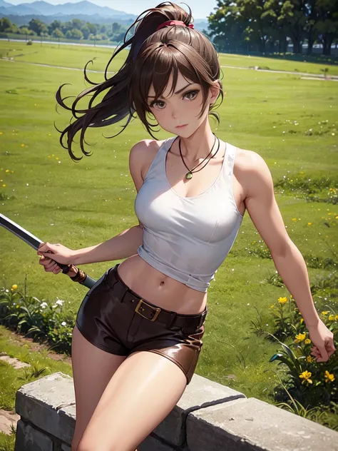 ((A girl , perfect body)), anime, 16-year-old girl with dark brown hair in a high ponytail, light brown eyes, and light, tanned skin. He wears a white shirt with a brown vest, brown shorts, and knee-high leather boots. He wears a leather belt with a dagger...