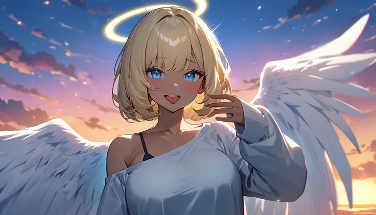 (((One girl))), ((tanned skin)), ((sunglasses, hand to sunglasses)), ((angel, big big white wings:1.2, halo:1.3)), open mouth, ((stick out tongue)), ((wavy hair)), evening, Sunset, sea, beach, ((blond hair, bob cut:1.3)), big breasts, teenager, (looking at...