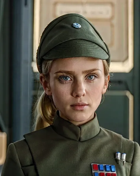 pretty serious stern young girl in olive green imperial officer uniform and hat, blonde short ponytail, bright blue eyes