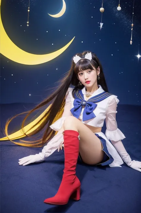 masterpiece, Highest quality, (1 Girl), Super Sailor Moon, Cowboy Lens, night sky, moonlight, night, White gloves, blue eyes, Galaxy Background, Colorful clothes, , Blue Skirt, hair ornaments, Red Bow, brooch, heart brooch, Earrings, Crescent Moon, heart n...