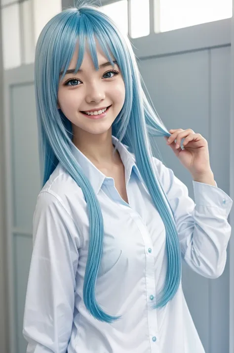 Anime girl with long light blue hair, camisa entreabierta white, smiling, pretty and sweet, anime, white, cheered up