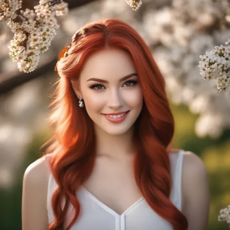 work of art, best qualityer, beautiful pale and cute american girl, smiling, (top cut), red hair loose braided hair, short polka skirt, lean against a tree, fild, flowers smiling, perfectly symmetrical face, skin detailed, chic, seducer, appealing, incredi...