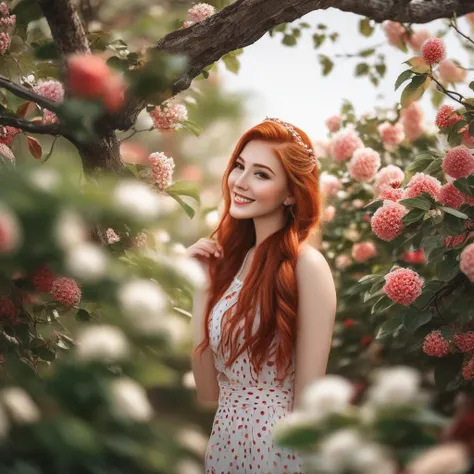 work of art, best qualityer, beautiful pale and cute american girl, smiling, (top cut), red hair loose braided hair, short polka skirt, lean against a tree, fild, flowers smiling, perfectly symmetrical face, skin detailed, chic, seducer, appealing, incredi...