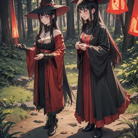 a group of beautiful witch girls in the middle of a forest in the night, tribal tattoo , red and black hair , standing girl young girl, gloves, elbow pads, boots, smiles, witch hat , small breasts, long  black dress, necklaces, jewelry decorations , black ...