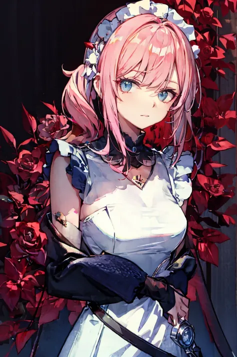 1 girl，rose，Upper body，pink long hair,high twin tail,((White Maid Costume)),blue eyes,Blunt bang,((whole body)),whole body,