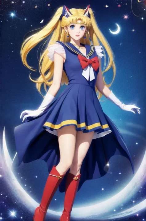 masterpiece, Highest quality, (1 Girl), Super Sailor Moon, Cowboy Lens, night sky, moonlight, night, White gloves, blue eyes, Galaxy Background, Colorful clothes, , Blue Skirt, hair ornaments, Red Bow, brooch, heart brooch, Earrings, Crescent Moon, heart n...