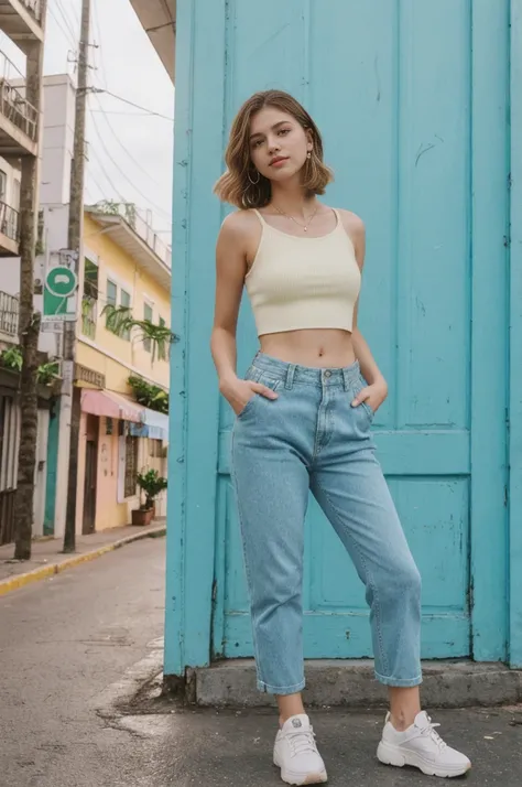 her name is Annie, high quality, 1girl, ((20-year-old fit Caucasian woman)), ((20 years old)), ((fit)), ((Wolf Cut hair)), pose: standing, wearing pastel colored unique g gen Z modern wear, BACKGROUND: From the colorful neighborhoods of Rio de Janeiro, wit...