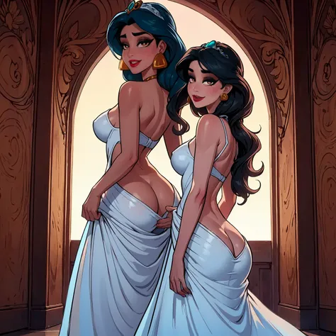  Princess jasmine,((long black hair, Wavy hair, glowing brown eyes, lipstick, makeup, narrow waist, skinny, medium breasts, alone, dark-skinned female, bare shoulders, jewelry, earrings)), pelvic curtain, ((turquoise wedding dress, Scooped up the ass)), fu...