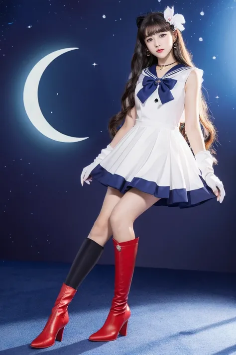 masterpiece, Highest quality, (1 Girl), Super Sailor Moon, Cowboy Lens, night sky, moonlight, night, White gloves, blue eyes, Galaxy Background, Colorful clothes, , Blue Skirt, hair ornaments, Red Bow, brooch, heart brooch, Earrings, Crescent Moon, heart n...