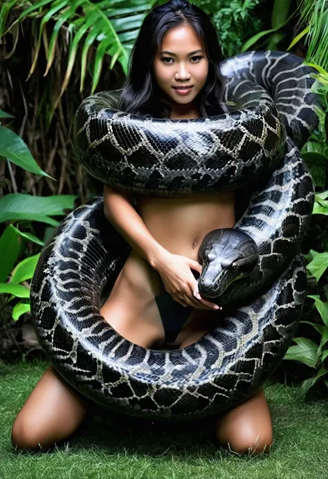  Happy Horny, aroused 1girl), beautiful kneeling Filipino  young teen girl with  giant colossal black titanboa squeezing her hard, wrapped in thick spiraling coils, constricted, struggle, gasping for air, snake attack, snake peril, moonless night, dim ligh...