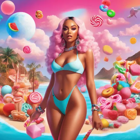 advertising poster, Promotional Photo for Pop Rap Single CALIFÓRNIA GIRLS by artist called Doja Cat, with bikinis, various sweets, candies, lollipops, jellies, pink clouds, hair down to the toes, big ass, perfect body, fantastic landscape,