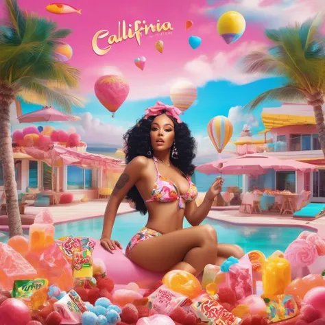 advertising poster, Promotional Photo for Pop Rap Single CALIFÓRNIA GIRLS by artist called Doja Cat, with bikinis, various sweets, candies, lollipops, jellies, pink clouds, hair down to the toes, big ass, perfect body, fantastic landscape,