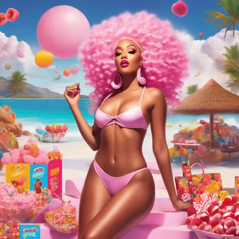 advertising poster, Promotional Photo for Pop Rap Single CALIFÓRNIA GIRLS by artist called Doja Cat, with bikinis, various sweets, candies, lollipops, jellies, pink clouds, hair down to the toes, big ass, perfect body, fantastic landscape,