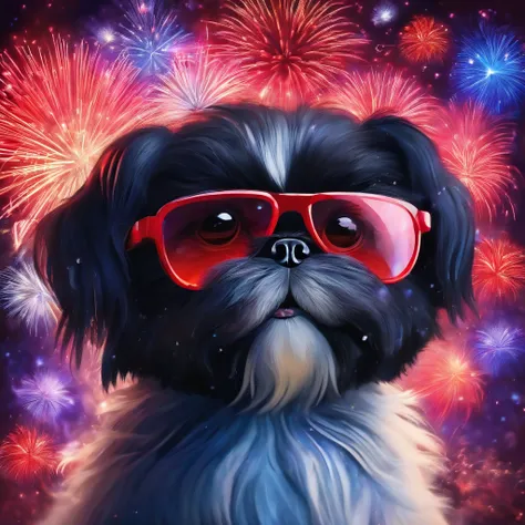 2 Adorable small black Shih Tzu puppies wearing blue sunglasses red white and blue fireworks background Pixar 3D cartoon
