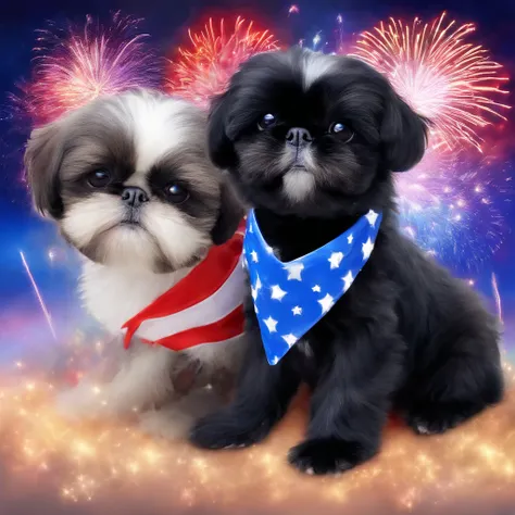 2 Adorable small black Shih Tzu puppies wearing blue sunglasses red white and blue fireworks background Pixar 3D cartoon
