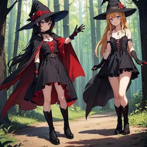 a group of beautiful witch girls in the middle of a forest in the night, tribal tattoo , red and black hair , standing girl young girl, gloves, elbow pads, boots, smiles, witch hat , small breasts, long black dress, necklaces, jewelry decorations , black r...