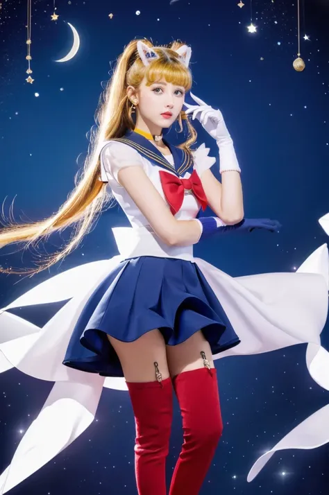 masterpiece, Highest quality, (1 Girl), Super Sailor Moon, Cowboy Lens, night sky, moonlight, night, White gloves, blue eyes, Galaxy Background, Colorful clothes, , Blue Skirt, hair ornaments, Red Bow, brooch, heart brooch, Earrings, Crescent Moon, heart n...