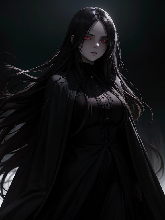 a ghostly and beautiful nightmare, a girl with glowing eyes, long pale hair flowing in the wind, dark shadowy background, moody ...