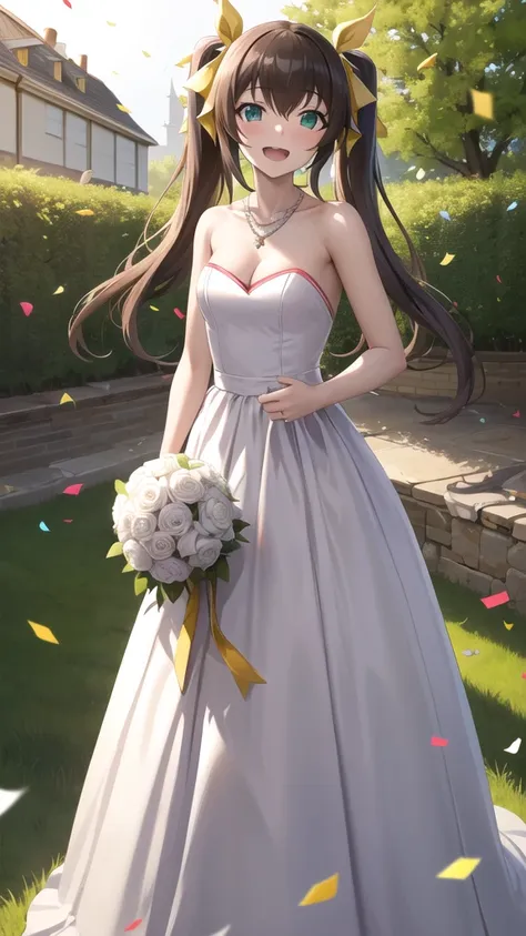 masterpiece, best quality, highres, aahuang, long hair, twintails, hair ribbon, small breasts, wedding dress, cleavage, necklace, white dress, garden, standing, holding bouquet, open mouth, smile, confetti,