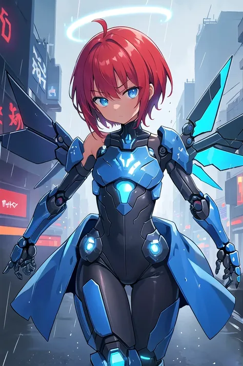 beautiful illustration, best quality, solo, cute girl, blue eyes, red hair, short hair, tan skin, (ahoge:1.1), flat chest, expressionless, cyberpunk city, night, dark, neon light, rtx, reflections, rain, jacket, black glossy metallic Bodysuit , looking at ...