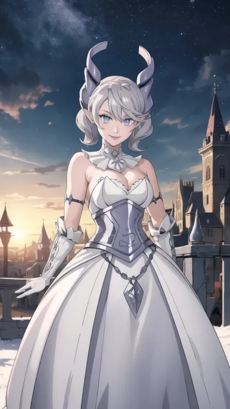 Beautiful arts wallpaper Sunset Outside castle top  High level image quality　best image quality　8K　 adult woman   silver castle outside  more colors   whole body view　portrait　    　horn    ears  　short hair（（shortcut）（gray hair）（perm）（fluffy））　eye color is...