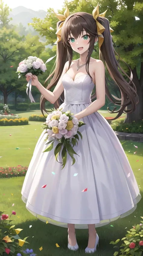 masterpiece, best quality, highres, aahuang, long hair, twintails, hair ribbon, small breasts, wedding dress, cleavage, necklace, white dress, garden, standing, holding bouquet, open mouth, smile, confetti,