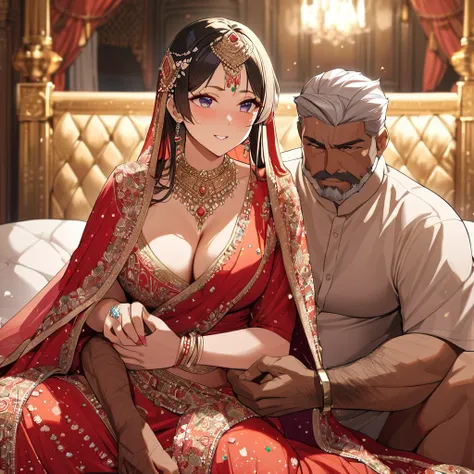 ((Highest quality)), ((masterpiece)), (detailed), （Perfect Face）、The woman is Tsukino Usagi, a Hindu Indian with vivid brown skin and a red bindi on her forehead, and is wearing a gorgeous, dazzling traditional Indian wedding dress, a colorful sari, a colo...