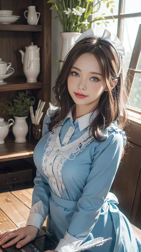 🎨 Model: MeinaMix V8 🔍 Keywords: apron, blue eyes, Garter, Composition anime girl shows charming charm, Maid uniform, Reality, Highly realistic photos taken with a Canon camera, Very high quality and high definition