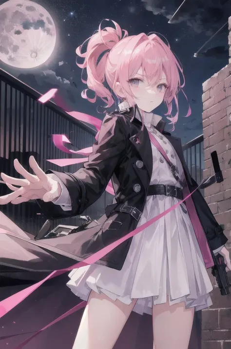 absurdres,hires,ultra detailed, a boy,pink medium hair, night, moon light, roof top, wearing a trench coat, holding a toy gun, aiming at viewer, shooting action, expressionless